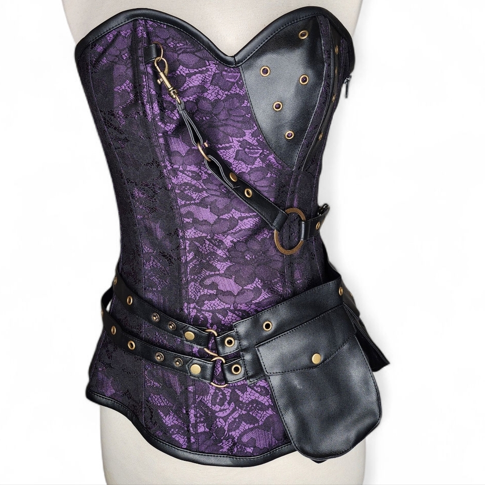 Charmian Purple Floral Jacquard Steel Boned Overbust Corset Size S